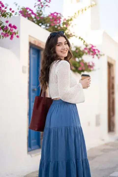 A girl looking back under the white walls and blue windows of a Mediterranean town