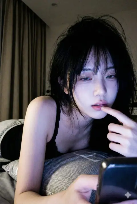 A girl with a lazy purple atmosphere under the dim light of her mobile phone late at night