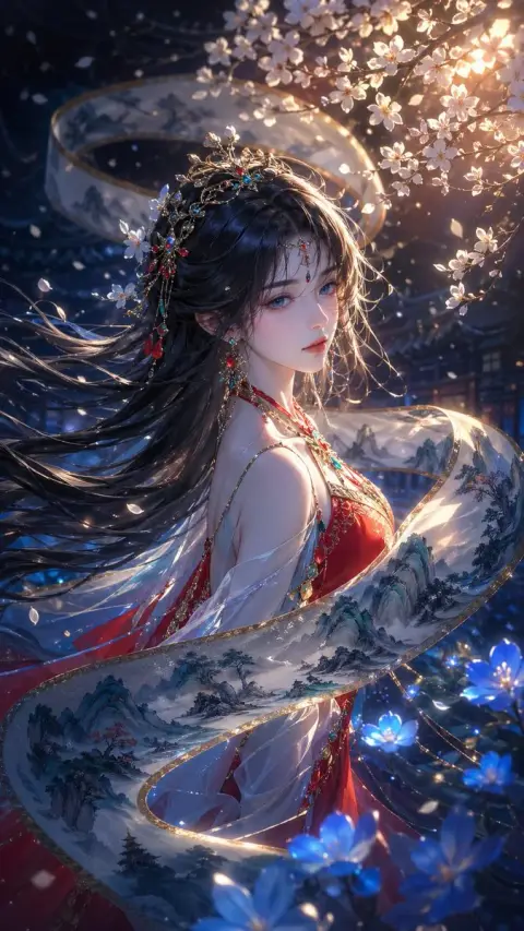 A girl with Chinese style surrounded by mountains and rivers