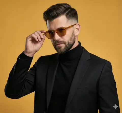 A handsome man in a black suit under warm yellow light and shadow