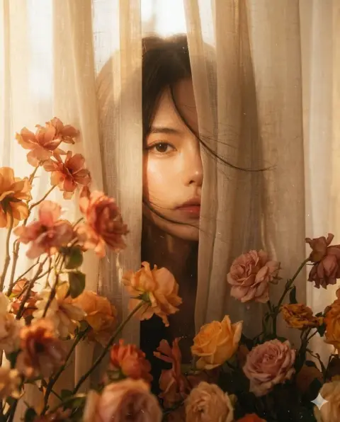 A hazy memory portrait between curtains and flower shadows