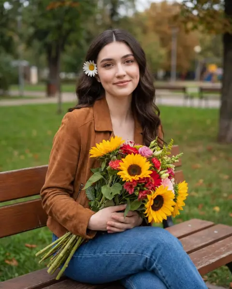 A healing and sweet girl holding a bouquet under the warm autumn sun