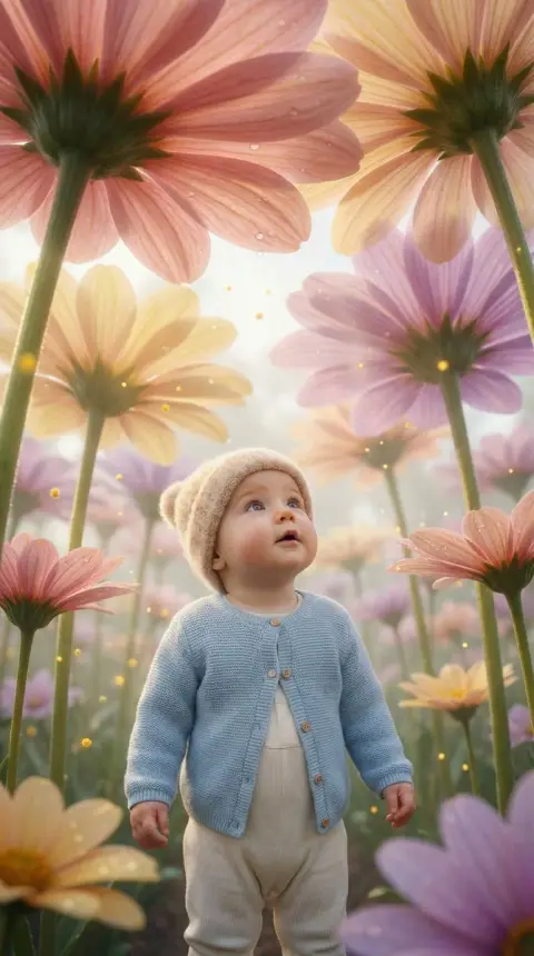 A healing baby bathing in the warm sunshine of a sea of ​​giant flowers