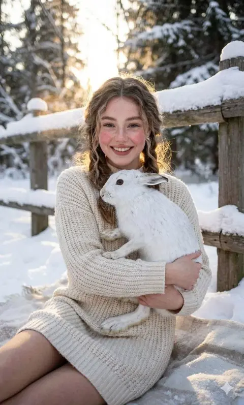 A healing girl hugging a white rabbit under the warm winter sun