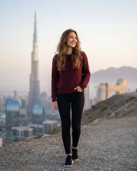 A healing light and shadow portrait wearing a maroon sweater under the Burj Khalifa