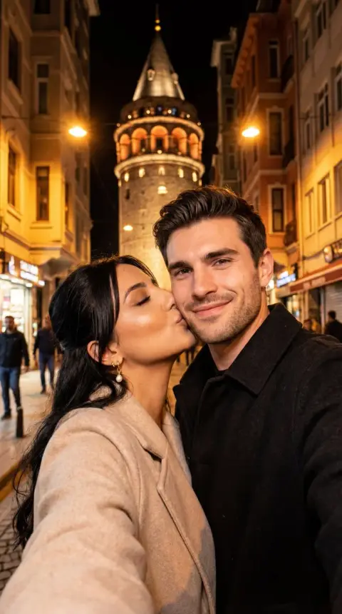 A hyper-realistic selfie of an intimate couple under the Galata Tower at night