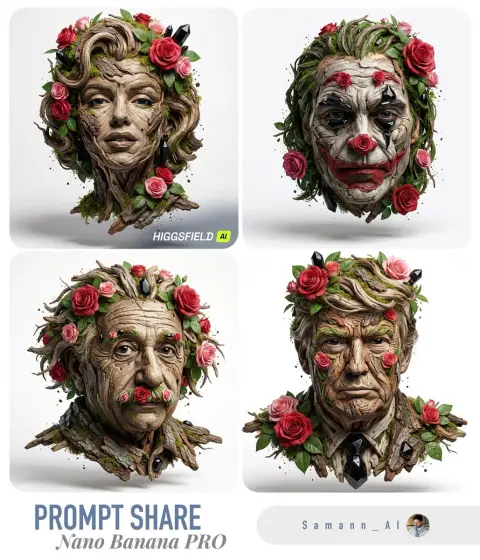 A hyper-realistic sculpture of dead wood and roses