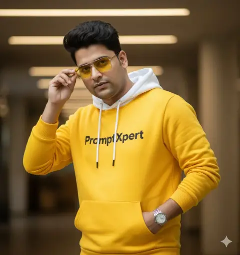 A hyper-realistic fashion photo of a trendy man in a yellow sweatshirt wearing gradient sunglasses