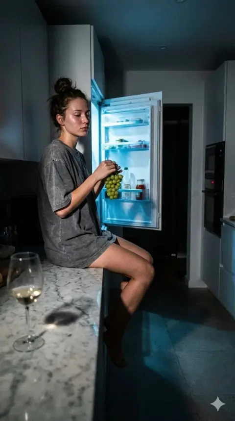 A lazy girl without makeup under the dim light of the refrigerator at three o'clock in the morning