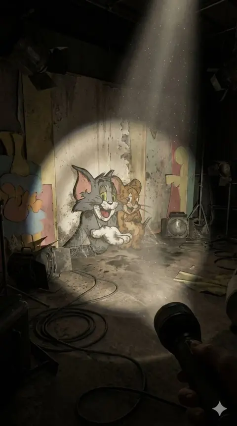 A lifeless abandoned studio under the beam of a flashlight