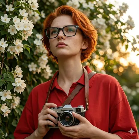 A literary film girl surrounded by white flowers