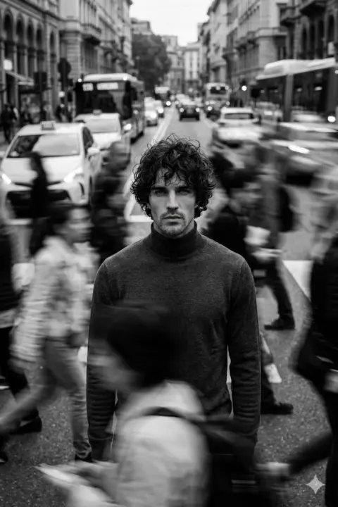 A lonely young man standing still in the bustling crowd