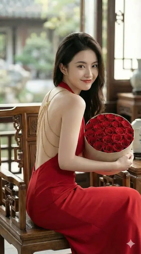 A luxurious look back at the backless red dress surrounded by flowers