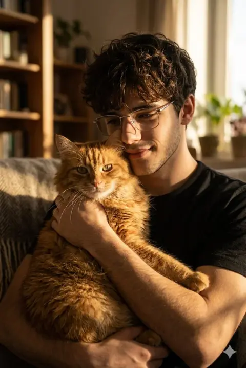 A man gently hugs a big orange cat under the sunset