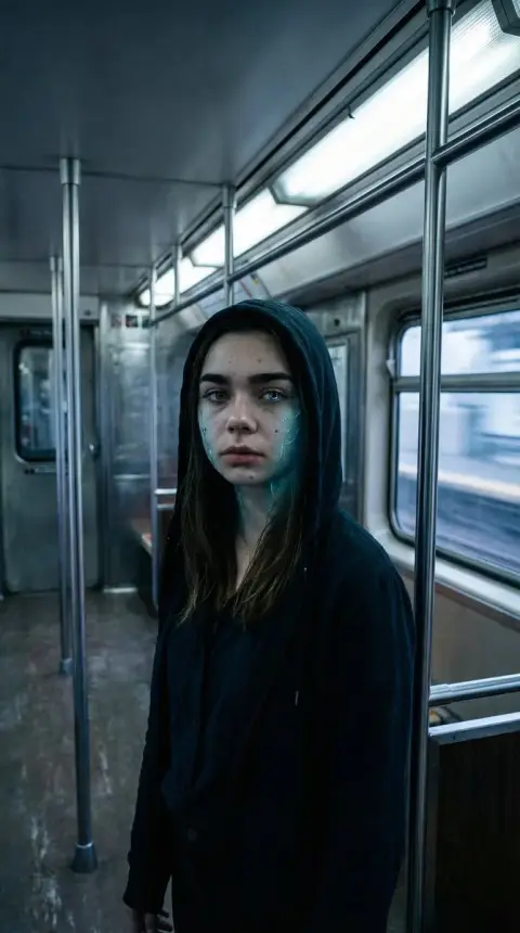 A mechanically mutated girl with shimmering light flowing in the speeding subway