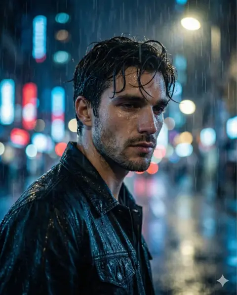 A melancholic boy under a neon rainy night