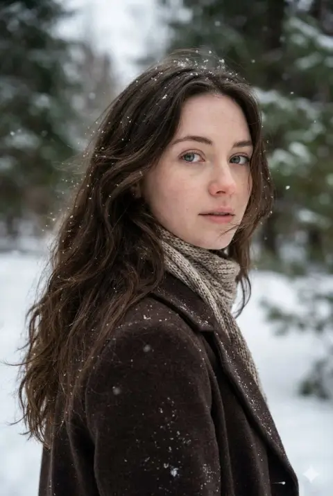 A melancholy blue-eyed girl looking back in the snowy forest in winter