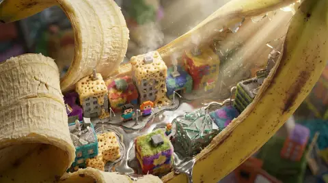 A miniature city of cheese foam in the cracks of a banana peel
