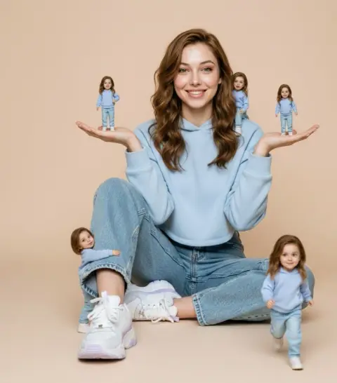 A miniature clone in a hyper-realistic studio