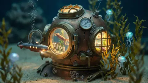 A miniature fantasy world in a broken light bulb