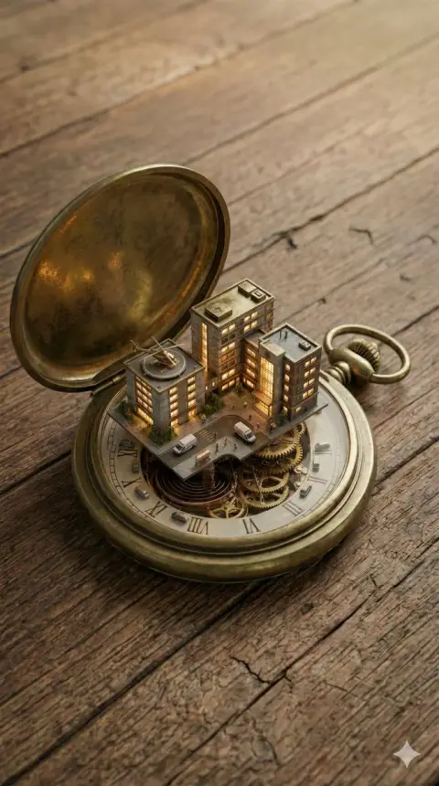 A miniature mechanical metropolis among the gears of a pocket watch