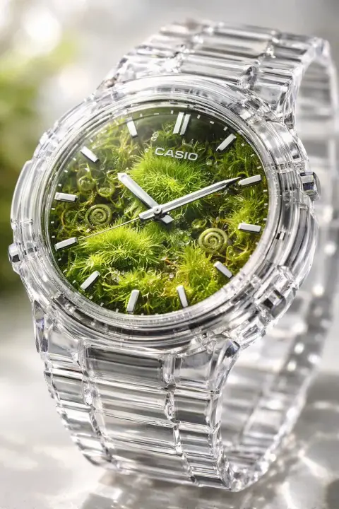 A miniature oasis in a clear crystal watch