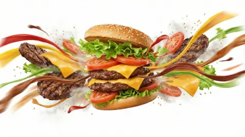 A moment of explosion of delicious food surrounded by colorful energy bands