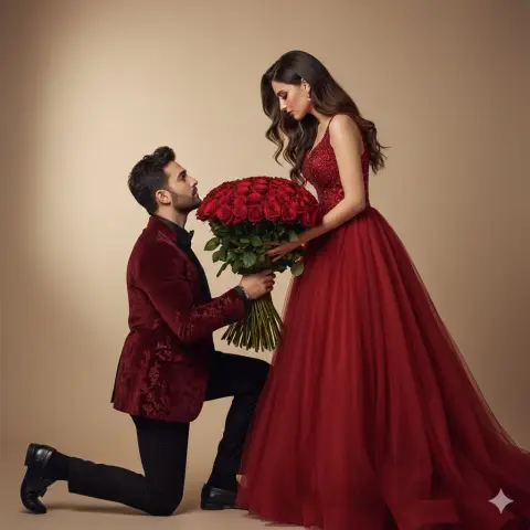 A movie-worthy proposal amid warm red roses