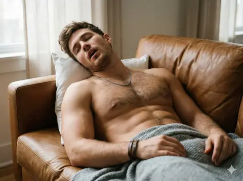 A muscular man with a beard sleeping comfortably in the early morning light