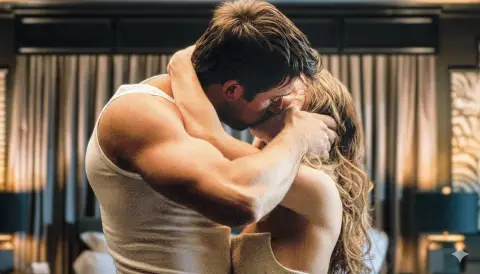 A passionate Hollywood kiss in a penthouse