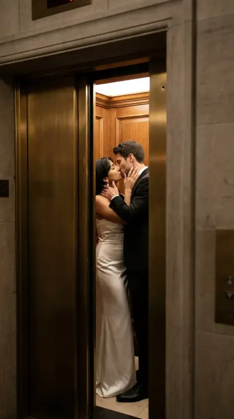 A passionate kiss captured through the gap in the golden elevator door