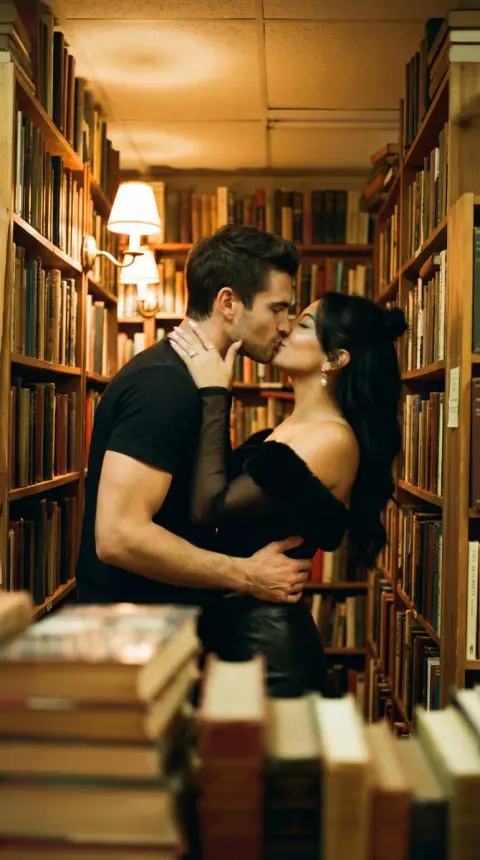 A passionate kiss in the bookstore aisle under the warm light