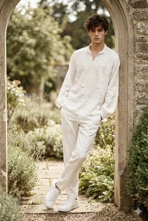 A photo shoot of a white bohemian man in a fashion magazine style garden