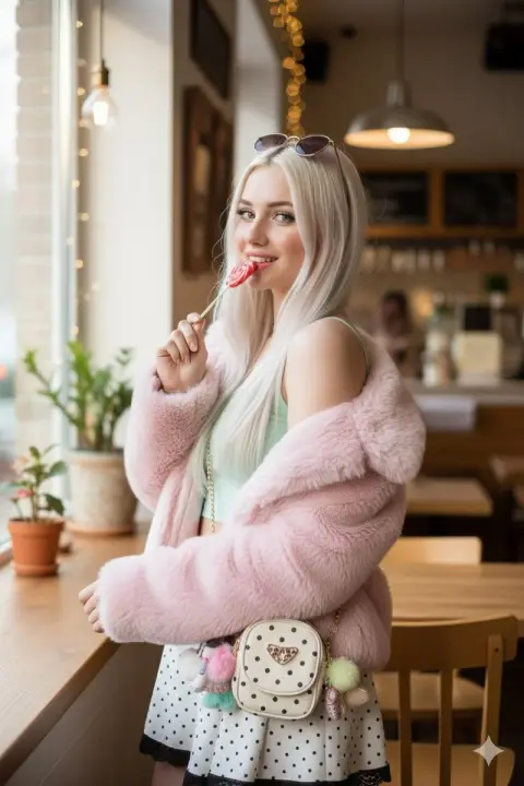 A playful moment of a sweet girl in a pink plush coat holding a lollipop in her mouth