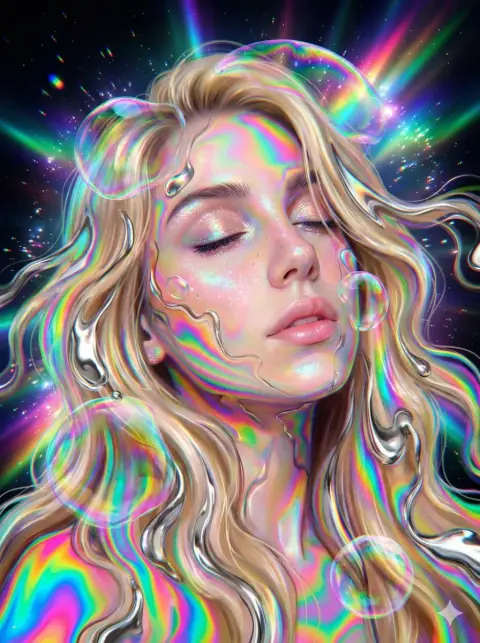 A psychedelic girl immersed in a liquid rainbow storm