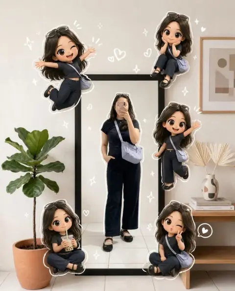 A Q version of a playful girl in a minimalist home