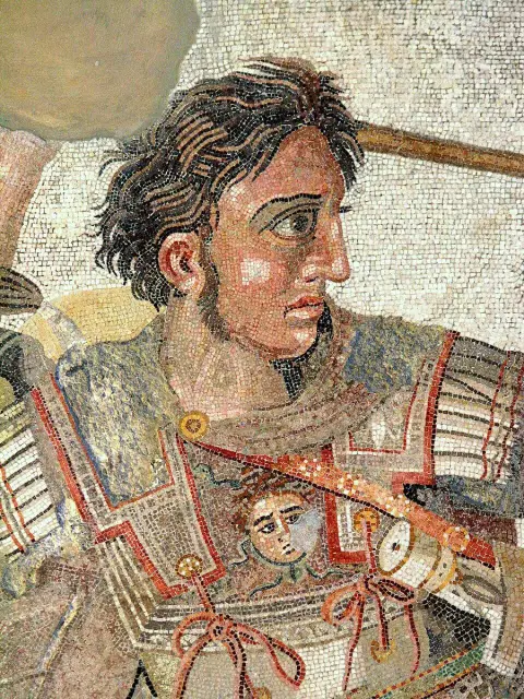 A realistic face intertwined with sculpture and mosaic