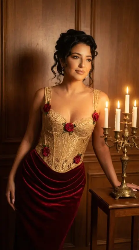 A retro celebrity wearing gold lace and red velvet in the flickering candlelight