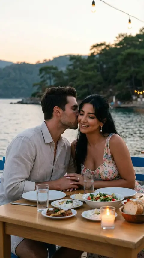 A romantic kiss on the beach under the setting sun