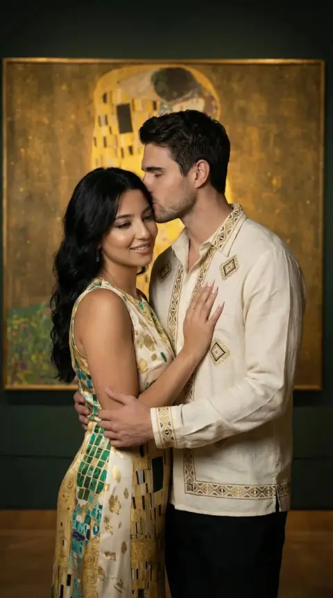 A romantic kiss under Klimt's gold foil