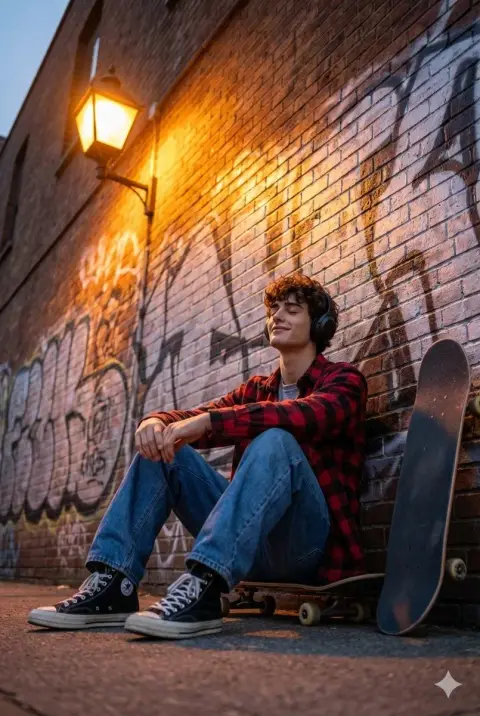 A skateboard boy with his eyes closed and immersed in music under the warm light of dusk