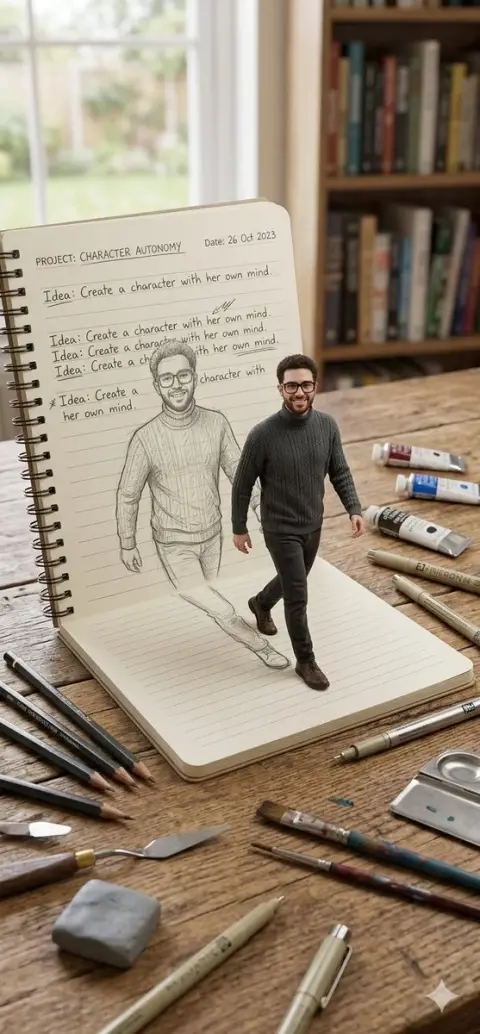 A smart girl jumping out of the page