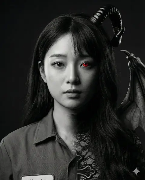 A surreal fusion of working women and succubus under black and white light and shadow