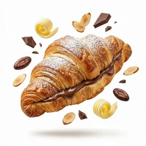 A suspended food explosion on a minimalist pure white background