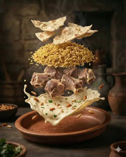 A suspended Middle Eastern deconstructed food feast under the cinematic light and shadow