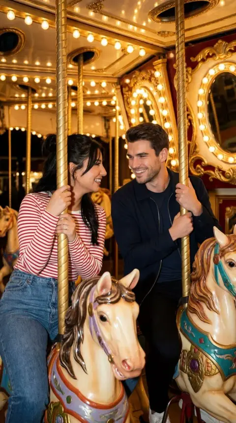 A sweet couple looks at each other affectionately on a movie-level light and shadow carousel