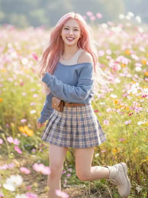 A sweet girl with pink hair running in a sea of ​​flowers in spring