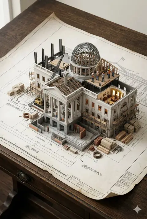 A three-dimensional miniature sand table rising from the blueprint