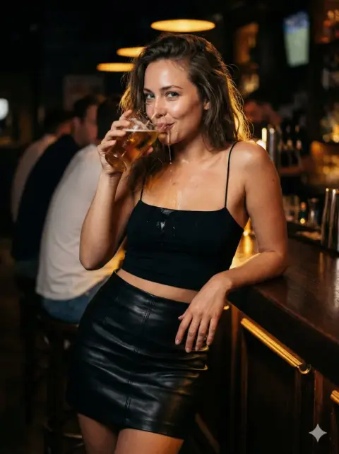 A tipsy girl in a night bar, her drink dripping down her collarbone