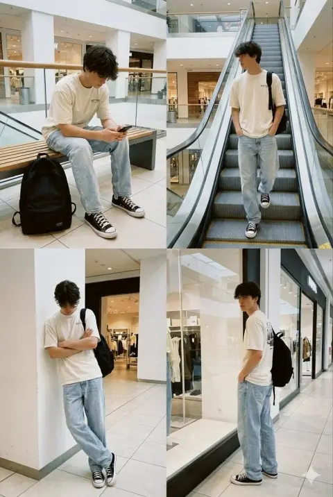 A tired and dazed Generation Z teenager next to the escalator in a shopping mall